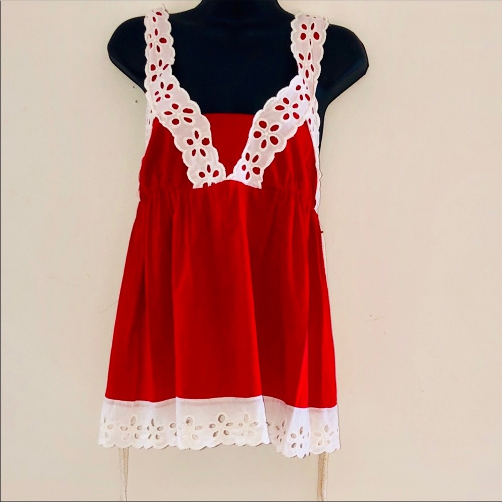 Red Sleeveless Embroidered Top W/ Lace Trim